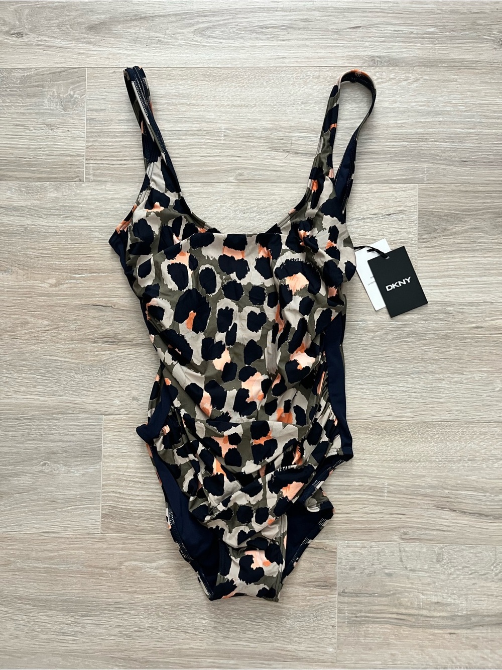 NWT DKNY Women’s Leopard-Print One-Piece Swimsuit in Navy, Tan & Peach - Size 12